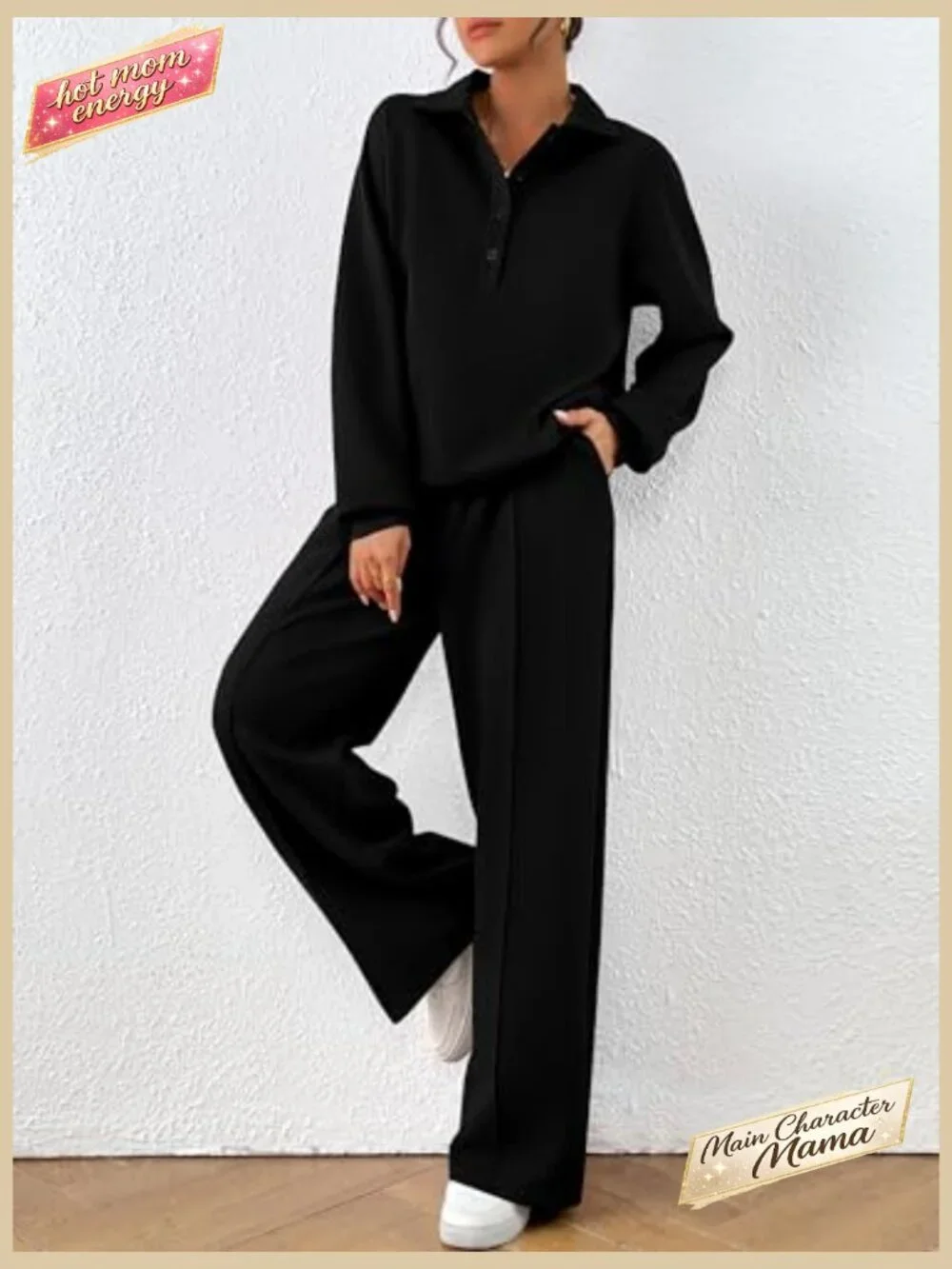 Quarter Button Sweatshirt Wide Leg Pants Lounge Set Long Sleeve Comfy Tracksuit - Picture 4 of 7